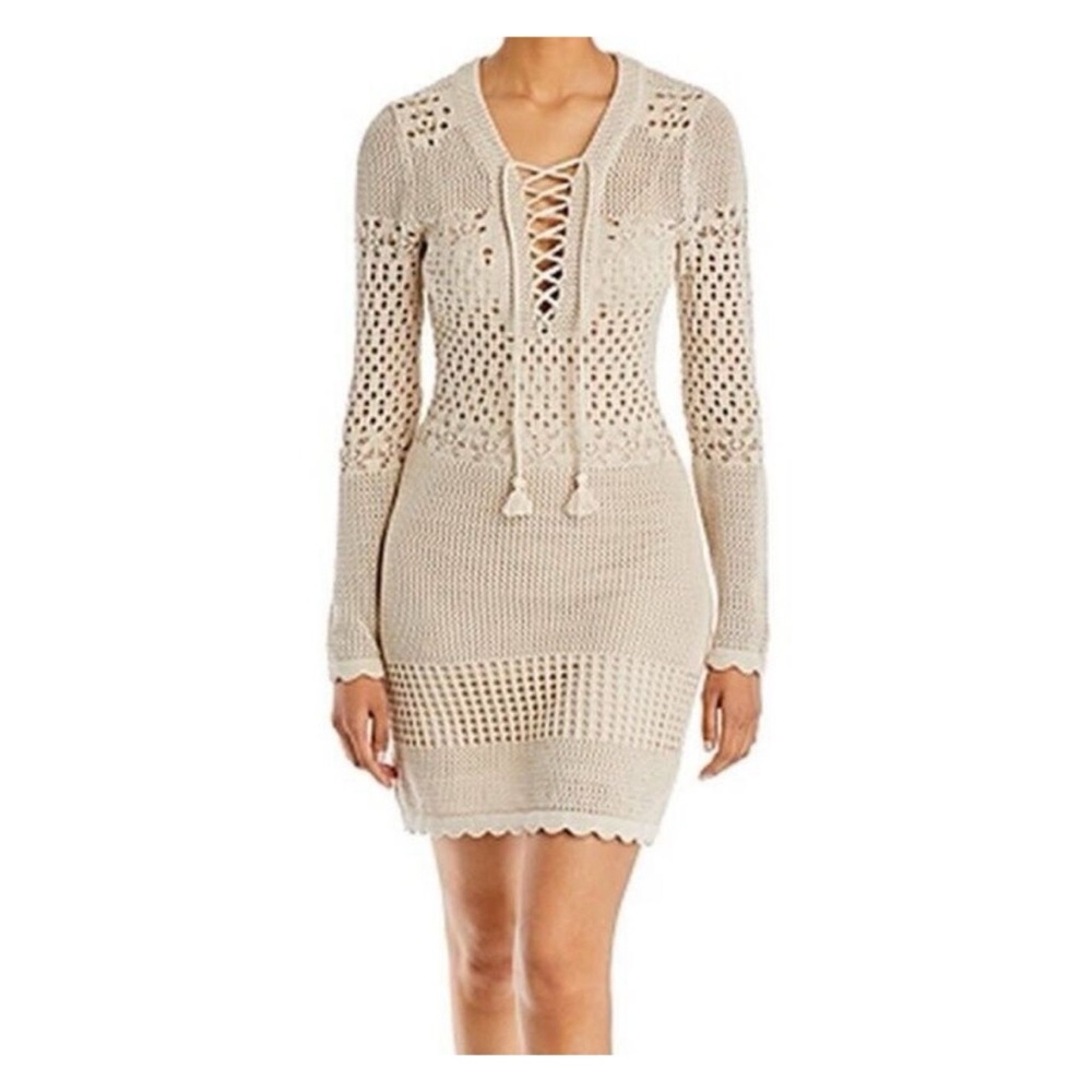 AQUA Crochet Lace Up Mini Dress Black | S - Picture 2 of 8